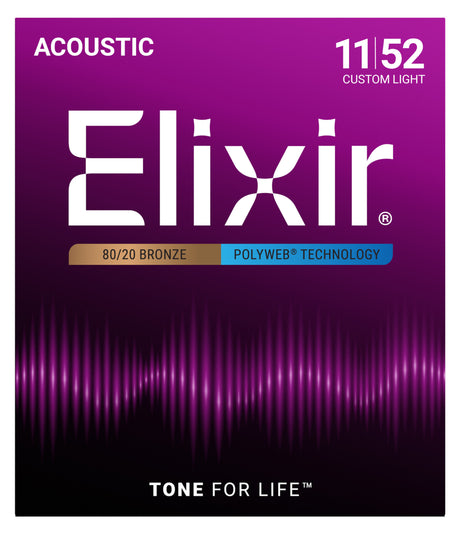 The image shows packaging for Elixir acoustic guitar strings, specifically the 11/52 Custom Light gauge set. It features 80/20 bronze wound strings with Elixir’s POLYWEB coating technology for extended life and lasting tone. The design includes a purple/magenta gradient with sound wave graphics and the slogan "TONE FOR LIFE™." Elixir is a trusted brand known for bright, crisp acoustic tone and durable strings.