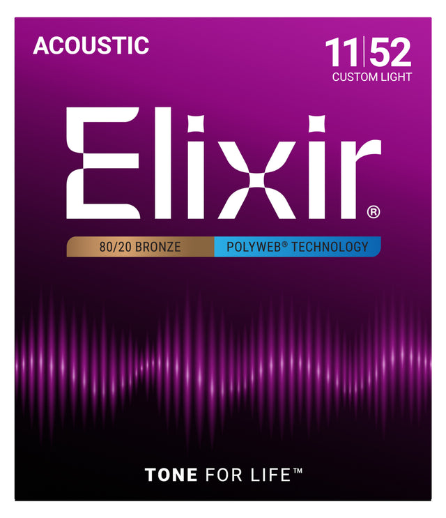 The image shows packaging for Elixir acoustic guitar strings, specifically the 11/52 Custom Light gauge set. It features 80/20 bronze wound strings with Elixir’s POLYWEB coating technology for extended life and lasting tone. The design includes a purple/magenta gradient with sound wave graphics and the slogan "TONE FOR LIFE™." Elixir is a trusted brand known for bright, crisp acoustic tone and durable strings.