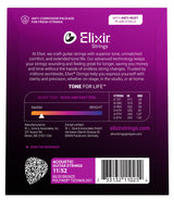 The image shows the packaging of Elixir Strings acoustic guitar strings, 80/20 Bronze with Polyweb coating, gauge 11/52 (custom light). Features include anti-corrosion packaging, “Tone for Life” technology, warm tone, and anti-rust plain steel strings. The purple/magenta box displays a QR code, barcode, and company info (W.L. Gore & Associates). Designed for durability, tone, and comfort.