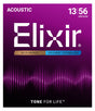 The image shows packaging for Elixir® acoustic guitar strings, 13-56 medium gauge, made of 80/20 bronze with POLYWEB® coating. The design features a purple/magenta gradient background, white text, a sound wave pattern at the bottom, and the tagline "TONE FOR LIFE™." Elixir is known for its coated strings that offer long-lasting tone and corrosion protection.