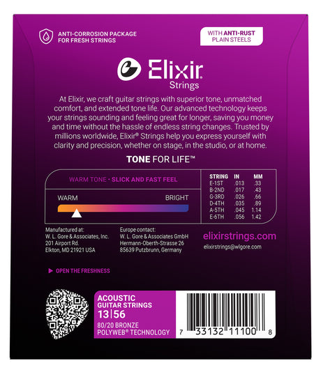 The image shows packaging for Elixir Acoustic Guitar Strings, 80/20 Bronze Polyweb coated medium gauge (13-56). Features include anti-rust plain steel, anti-corrosion packaging, "Tone for Life" technology, warm tone, fast feel, and extended tone life. The gauge chart lists string sizes from .013 to .056 inches. The purple/magenta package highlights Elixir’s premium quality and contact info for US and Europe markets.