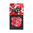 The image shows a package of EVH guitar picks featuring Eddie Van Halen’s iconic red, white, and black striped pattern. The black oval EVH logo is visible on the packaging, which contains six 1.0mm picks. The picks match the design famously used on Van Halen’s "Frankenstrat" guitar. This accessory is part of the EVH brand, Eddie Van Halen’s signature line of guitar gear.