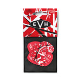 The image shows a package of EVH guitar picks featuring Eddie Van Halen’s iconic red, white, and black striped pattern. The black oval EVH logo is visible on the packaging, which contains six 1.0mm picks. The picks match the design famously used on Van Halen’s "Frankenstrat" guitar. This accessory is part of the EVH brand, Eddie Van Halen’s signature line of guitar gear.