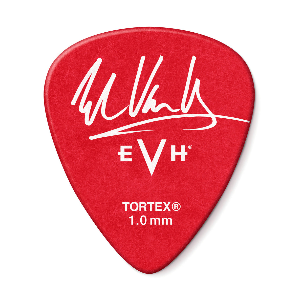 The image shows a red EVH (Eddie Van Halen) signature guitar pick made of 1.0mm Tortex material. It features Eddie Van Halen’s white logo on a bright red background. This officially licensed pick by Dunlop is medium gauge, offering durability and grip suitable for various playing styles.