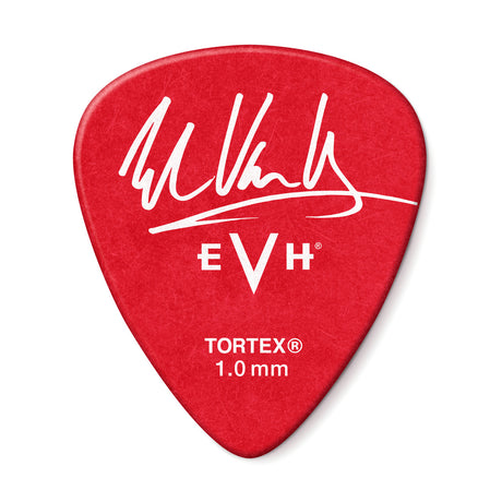 The image shows a red EVH (Eddie Van Halen) signature guitar pick made of 1.0mm Tortex material. It features Eddie Van Halen’s white logo on a bright red background. This officially licensed pick by Dunlop is medium gauge, offering durability and grip suitable for various playing styles.