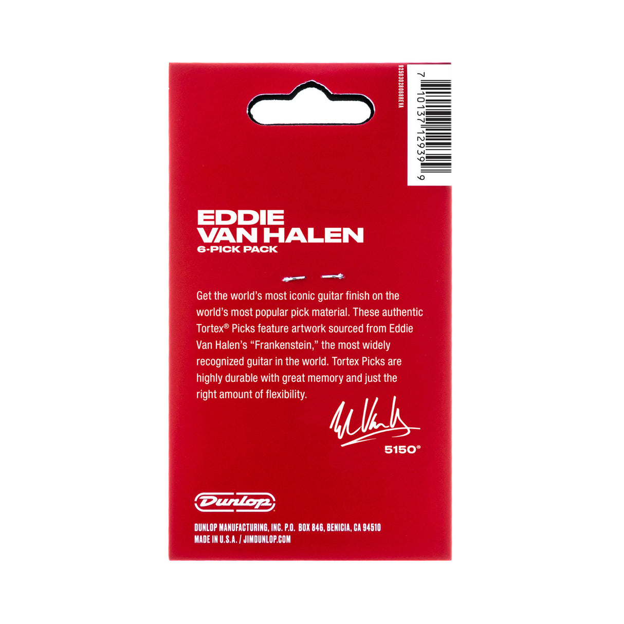 The image shows a Dunlop Eddie Van Halen 6-pack of Tortex guitar picks in red packaging with white text. The picks feature artwork from Eddie Van Halen's iconic "Frankenstein" guitar. The blister pack includes a barcode, Van Halen’s signature, model number 5150°, and Dunlop logo. Made in the USA, the durable picks offer flexibility and memory, appealing to Van Halen fans and guitarists.