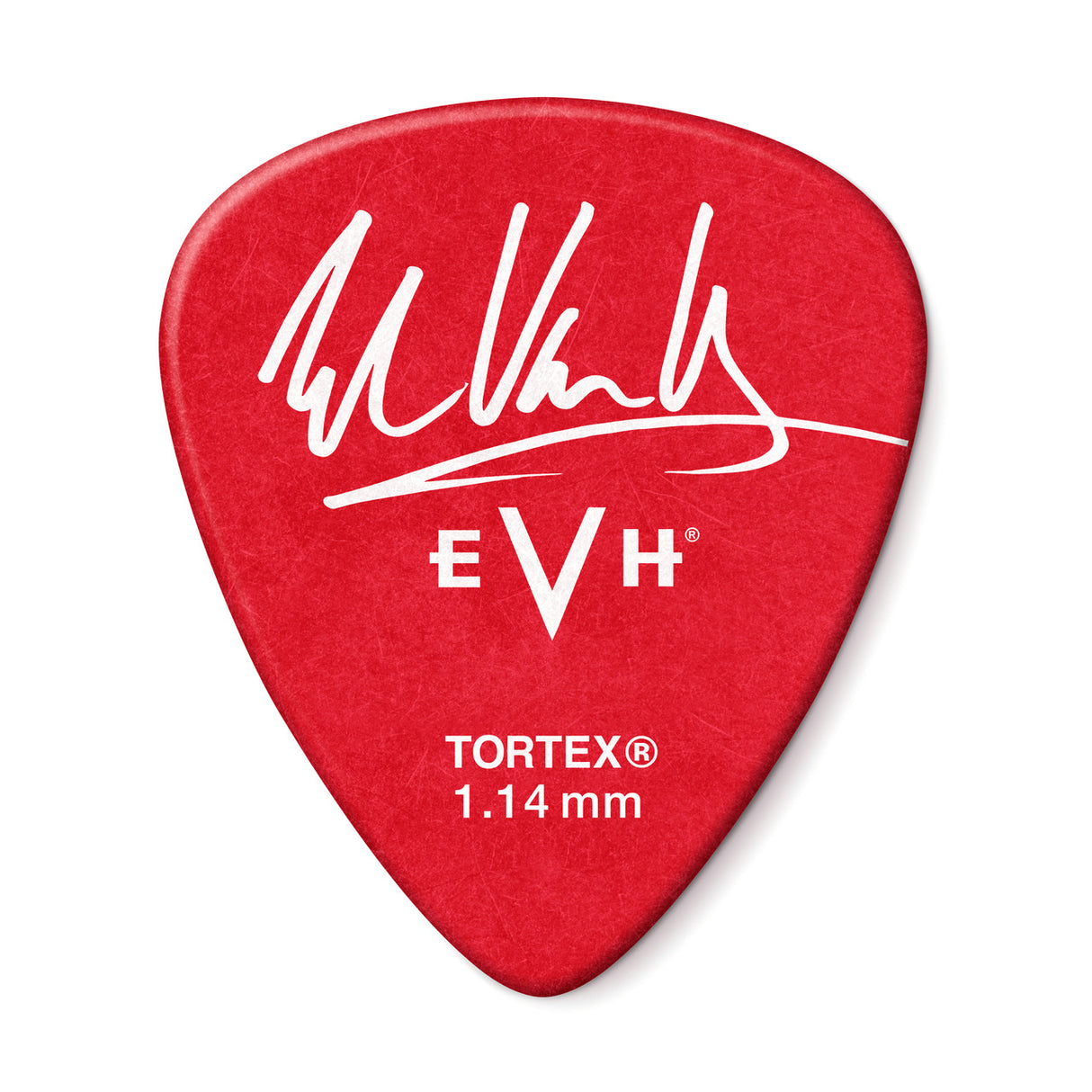 The image shows a bright red, glossy EVH guitar pick featuring Eddie Van Halen’s white signature/logo, the "EVH" brand, and "TORTEX® 1.14 mm" marking. Made from durable Tortex material at a heavy 1.14mm thickness, this pick offers great control and a fuller tone, ideal for rock and metal styles inspired by Van Halen’s playing.