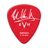 The image shows a bright red, glossy EVH guitar pick featuring Eddie Van Halen’s white signature/logo, the "EVH" brand, and "TORTEX® 1.14 mm" marking. Made from durable Tortex material at a heavy 1.14mm thickness, this pick offers great control and a fuller tone, ideal for rock and metal styles inspired by Van Halen’s playing.