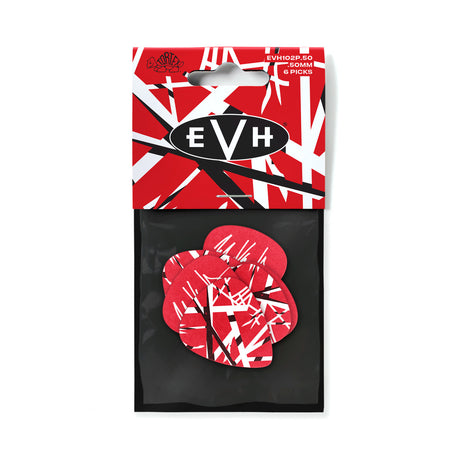 The image shows a package of six Dunlop EVH (Eddie Van Halen) signature guitar picks, each 0.60mm thick. The picks feature Eddie Van Halen's iconic red, white, and black striped "Frankenstrat" pattern. The packaging displays the EVH logo in a black oval and the product code "EVH102P.60." These premium artist picks combine Dunlop’s quality with Van Halen’s legendary design.