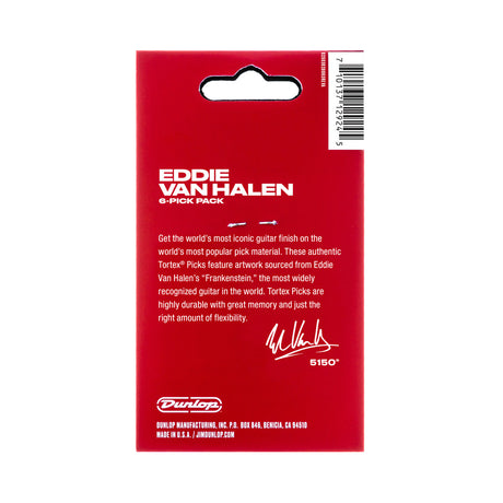 The image shows a Dunlop guitar pick package featuring Eddie Van Halen signature Tortex picks. The red retail pack contains six picks with artwork inspired by Van Halen’s "Frankenstein" guitar. The package highlights the durable, flexible Tortex material, Eddie’s autograph, and the “Model 5150” reference to his amplifier line, blending practical use with collectible appeal for fans.
