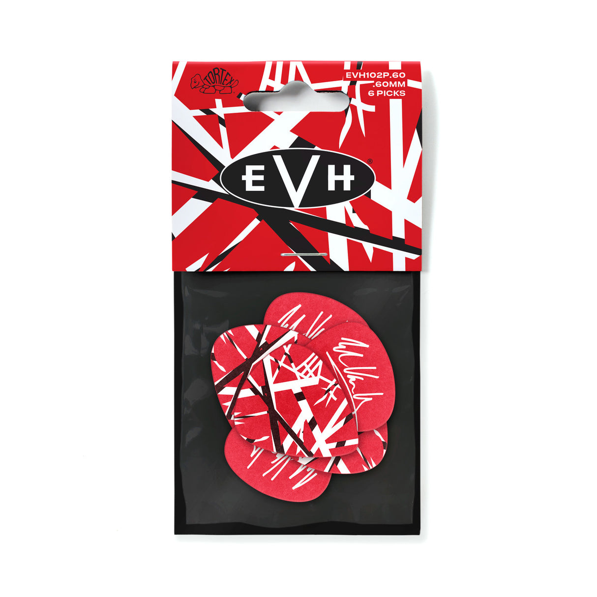 The image shows a package of six EVH guitar picks by Dunlop, featuring a .60mm medium-light thickness. The picks display Eddie Van Halen’s iconic red, white, and black striped design inspired by his "Frankenstrat" guitar. The packaging includes the product code "EVHIC2P.60" and the Dunlop Tortex logo. These licensed plectrums are guitar accessories that honor the late guitar legend’s signature style.