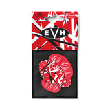The image shows a package of six EVH guitar picks by Dunlop, featuring a .60mm medium-light thickness. The picks display Eddie Van Halen’s iconic red, white, and black striped design inspired by his "Frankenstrat" guitar. The packaging includes the product code "EVHIC2P.60" and the Dunlop Tortex logo. These licensed plectrums are guitar accessories that honor the late guitar legend’s signature style.