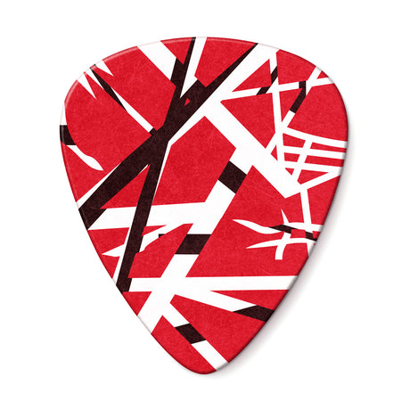 The image shows a teardrop-shaped guitar pick with a bold red, white, and black geometric design featuring intersecting stripes and angular shapes. Its modern, rock-inspired look suggests a custom accessory favored by musicians. Guitar picks like this are essential for strumming or plucking strings, available in various materials and styles to suit different playing preferences.