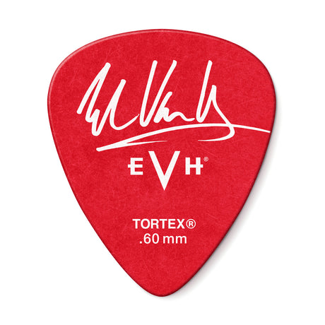 The image shows a red Dunlop Tortex guitar pick featuring the "EVH" logo and signature of Eddie Van Halen. It is a 0.60mm medium gauge pick with a classic teardrop shape, made from durable synthetic material known for grip and tone. This signature series pick appeals to fans and guitarists seeking a balanced, long-lasting pick with good flexibility and control.