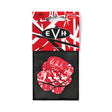 The image shows a package of six .73mm EVH guitar picks by Dunlop. The picks feature Eddie Van Halen's red, white, and black striped design with his signature and EVH logo visible through a clear window. The packaging has a red and white geometric pattern with the EVH logo in a black oval. These medium-thickness picks are designed for guitarists inspired by Eddie Van Halen’s style and visual aesthetic.