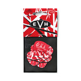 The image shows a package of six .73mm EVH guitar picks by Dunlop. The picks feature Eddie Van Halen's red, white, and black striped design with his signature and EVH logo visible through a clear window. The packaging has a red and white geometric pattern with the EVH logo in a black oval. These medium-thickness picks are designed for guitarists inspired by Eddie Van Halen’s style and visual aesthetic.