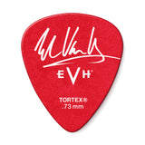 The image shows a bright red, glossy, teardrop-shaped guitar pick with white printed details. It features a stylized signature, the "EVH" logo, "TORTEX®" material label, and ".73 mm" thickness. This is an EVH (Eddie Van Halen) signature medium-gauge pick made from durable Dunlop Tortex, designed for versatile rhythm and lead guitar playing.