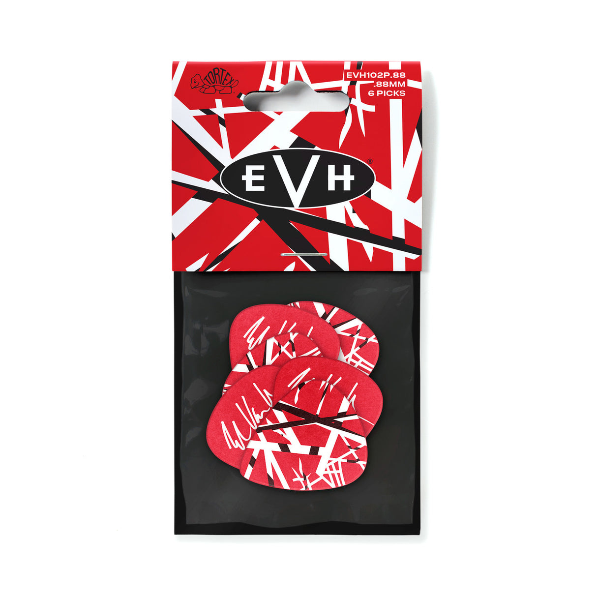 The image shows a set of six Dunlop guitar picks featuring Eddie Van Halen’s signature red, white, and black "Frankenstrat" design. The picks, labeled with the product code EVH102P.88, are 0.88mm thick medium-heavy plectrums. Both the picks and packaging display the "EVH" logo in a black oval. These artist signature picks are ideal for rock playing styles, reflecting Van Halen’s iconic brand.