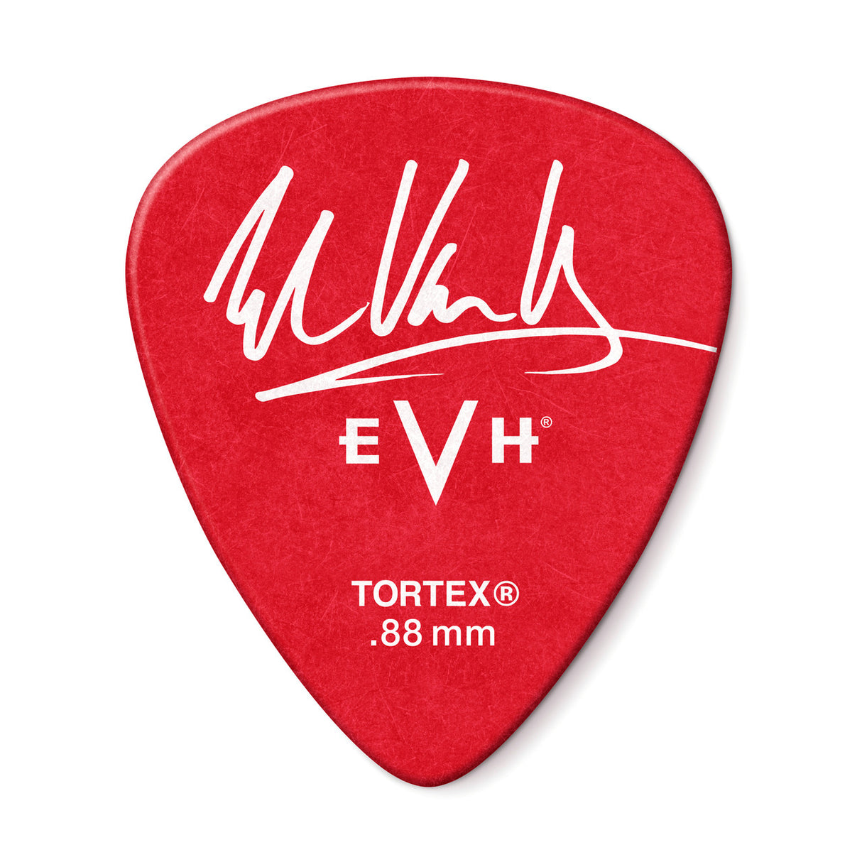The image shows a red Tortex guitar pick with Eddie Van Halen's white signature and the "EVH" logo. It is 0.88mm thick, a medium-heavy gauge favored by rock and metal guitarists for its balance of control and flexibility. Made by Dunlop, the durable textured grip aids playing. This signature pick is part of Eddie Van Halen’s EVH brand, popular with fans seeking his tone and style.
