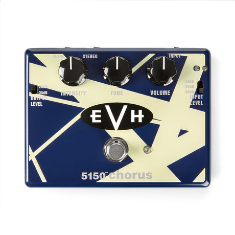 The image shows an EVH 5150 Chorus guitar effects pedal with a blue and white angular design. It has Intensity, Tone, and Volume knobs, a Stereo/Mono switch, an Input Level control (-20dB, -35dB, -50dB), a chrome footswitch, and input/output jacks. The 5150 name references Eddie Van Halen's amp line. The pedal delivers lush chorus effects ideal for rock and metal, with stereo output for wide, ambient sound.