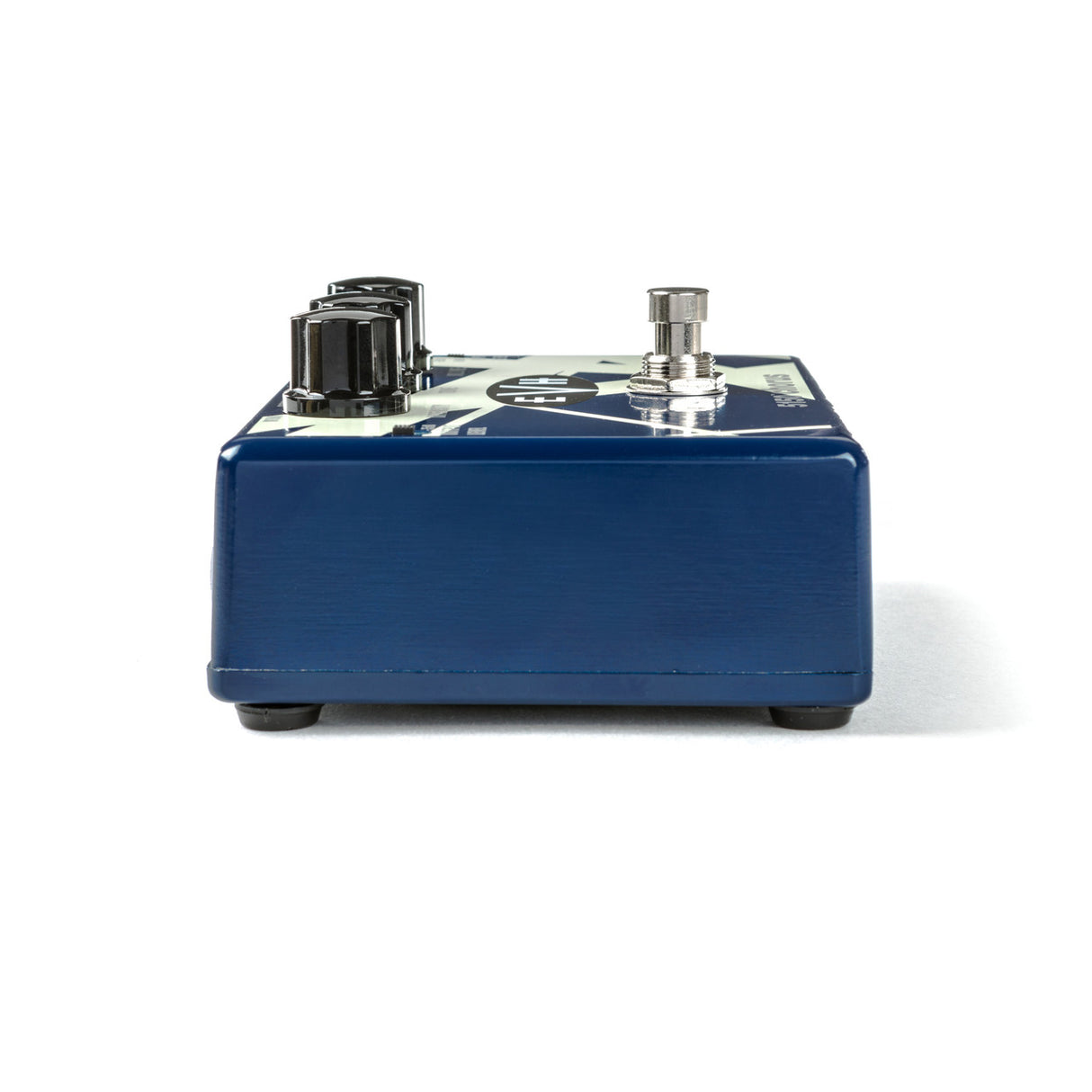 The image shows a blue guitar effects stompbox pedal with a compact rectangular metal enclosure. It features black control knobs on top, an input/output jack on the right, a bypass footswitch, rubber feet underneath, and visible branding. This durable pedal is used by guitarists to shape their sound with effects like distortion, delay, or reverb, making it a common tool in studios and live music.