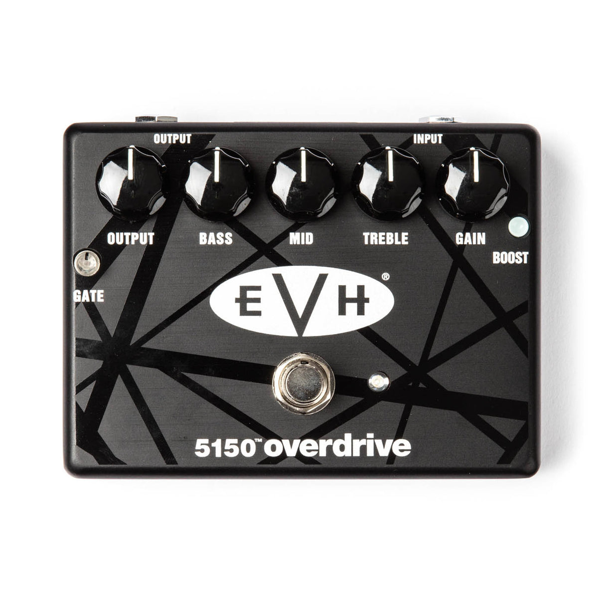 The image shows an EVH 5150 Overdrive guitar pedal with a black finish and iconic EVH striped graphics. It has five knobs: OUTPUT, BASS, MID, TREBLE, and GAIN, plus a GATE control for noise reduction, a BOOST switch, and a footswitch. Input and output jacks are at the top. This pedal delivers high-gain distortion, emulating Eddie Van Halen’s signature 5150 amp tone, popular with rock and metal guitarists.