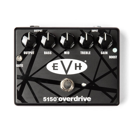 The image shows an EVH 5150 Overdrive guitar pedal with a black finish and iconic EVH striped graphics. It has five knobs: OUTPUT, BASS, MID, TREBLE, and GAIN, plus a GATE control for noise reduction, a BOOST switch, and a footswitch. Input and output jacks are at the top. This pedal delivers high-gain distortion, emulating Eddie Van Halen’s signature 5150 amp tone, popular with rock and metal guitarists.