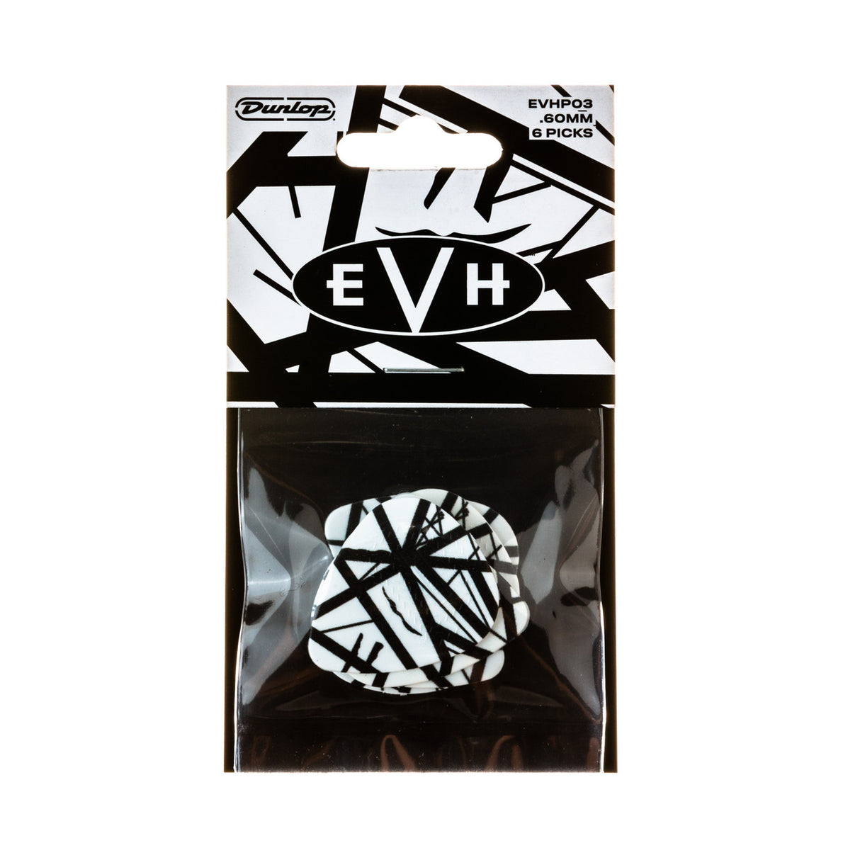 Pack of black and white striped guitar picks with EVH logo on a white background