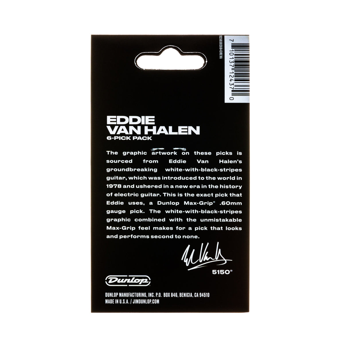 Eddie Van Halen guitar pick pack with branding and text on a black background