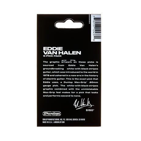 Eddie Van Halen guitar pick pack with branding and text on a black background