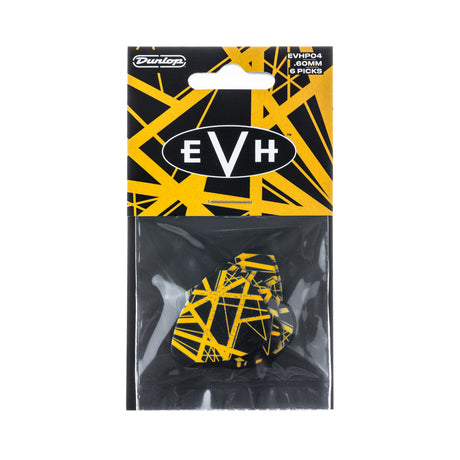 Packaged guitar picks with EVH logo on a yellow and black patterned background