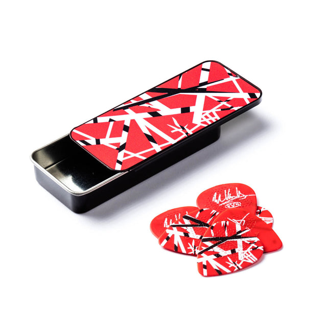 Guitar pick case with red and white patterned guitar picks on a white background