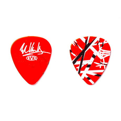 Two red guitar picks on a white background