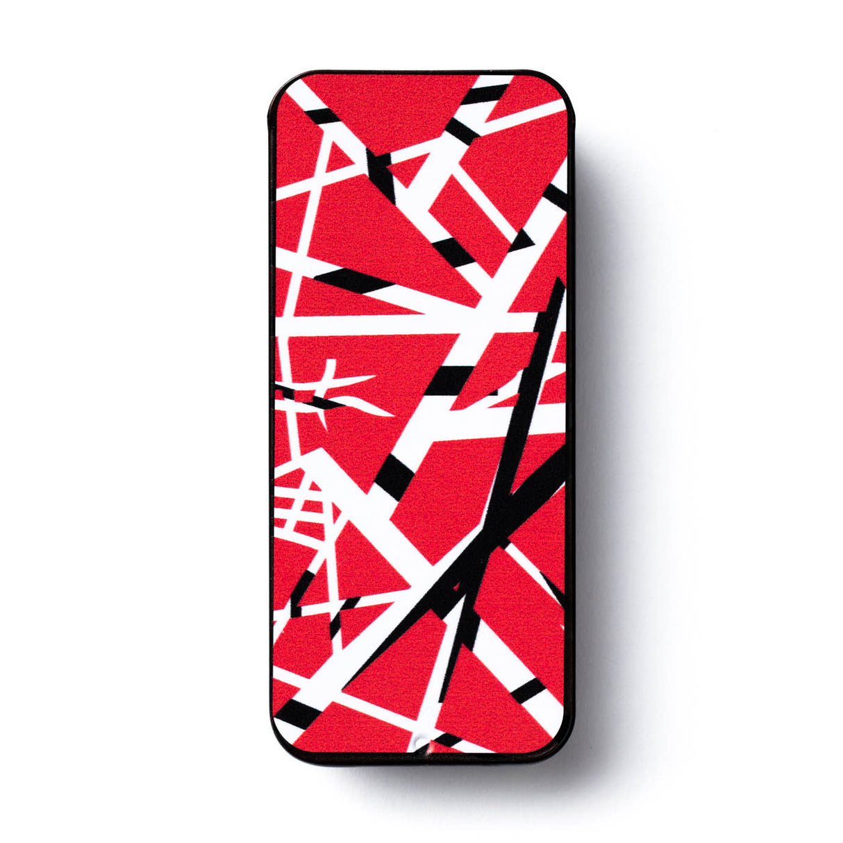 Guitar pick tin with a red background and crossing white and black stripes.