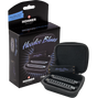 The image shows a Hohner "Hoodoo Blues" harmonica set, including a black retail box featuring the logo, "Free Online Lessons!" text, and mention of 3 harmonicas. An open black zippered carrying case displays three harmonicas in different keys for blues playing. Designed for beginners or intermediates, the set is ideal for exploring blues music with convenient portability.