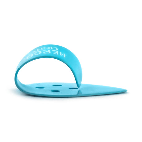 Blue plastic thumbpick on a white background