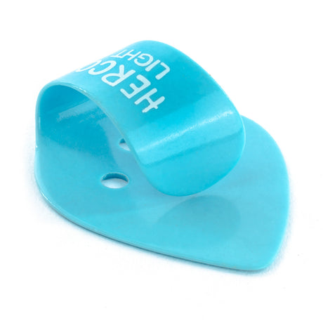 Blue plastic thumbpick on a white background