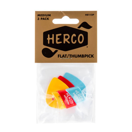 HERCO flat/thumbpick packaging with three picks inside on a white background