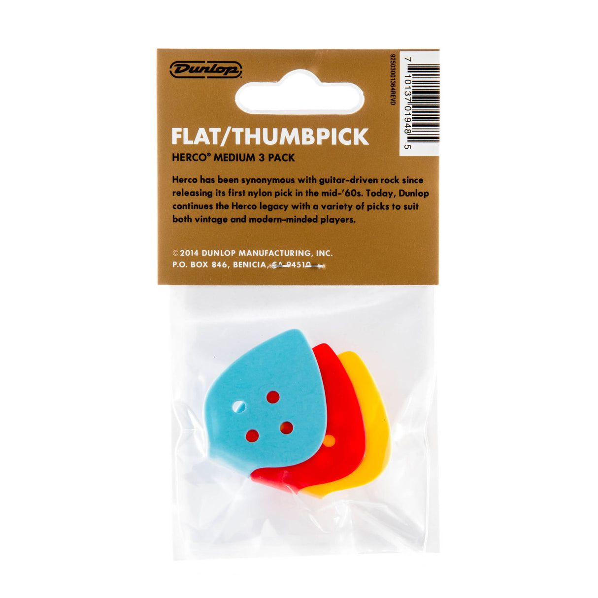 Pack of Dunlop flat/thumbpicks with a brown label on a white background