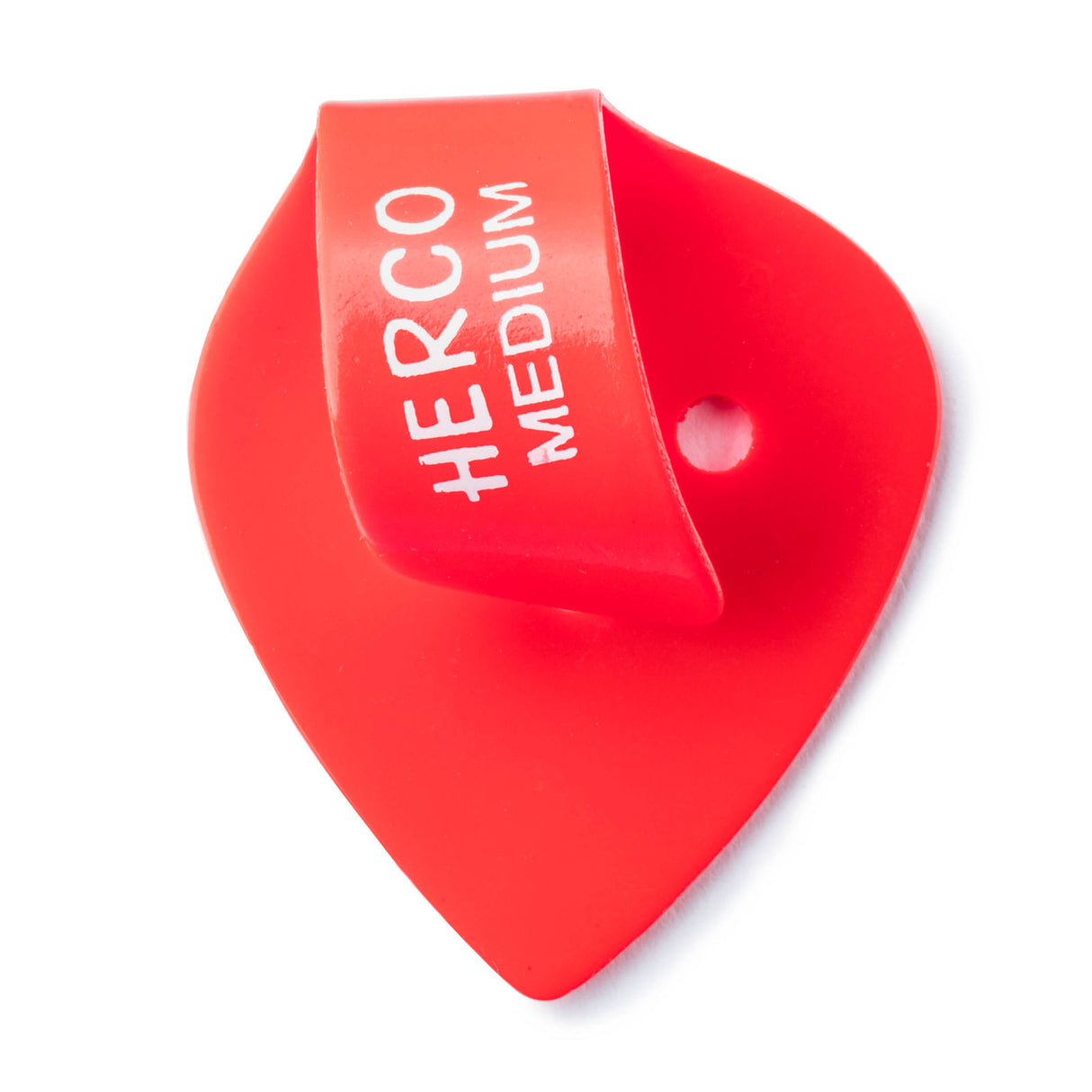 A red plastic thumbpick with Herco branding on a white background