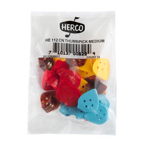 Packaged thumbpicks with Herco branding on a white background
