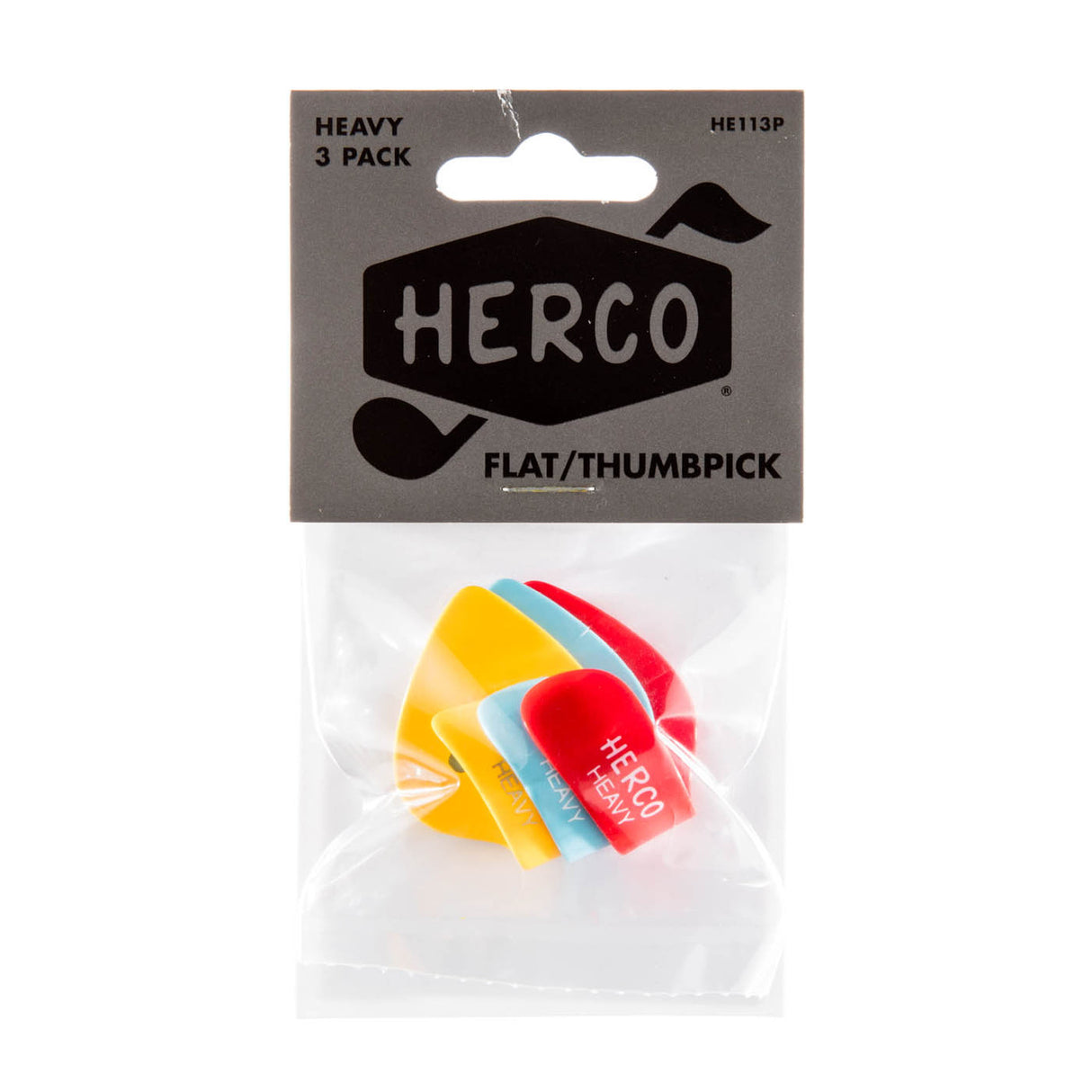 Packaged set of Herco flat/thumbpicks with visible brand logo on a white background