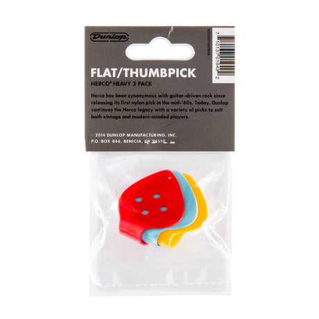 Packaged Dunlop flat/thumbpick set with colorful picks on a white background
