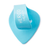 Blue plastic thumbpick with Herco branding on a white background