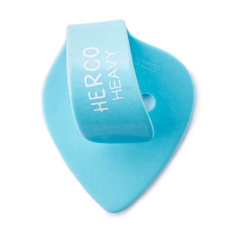 Blue plastic thumbpick with Herco branding on a white background