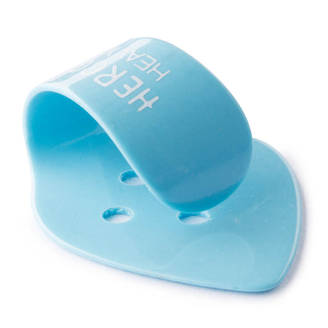 Blue plastic thumbpick with Herco branding on a white background