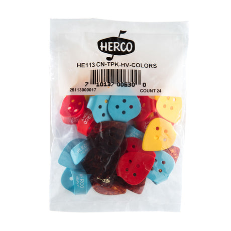 Packaged assortment of thumbpicks with Herco branding on a white background