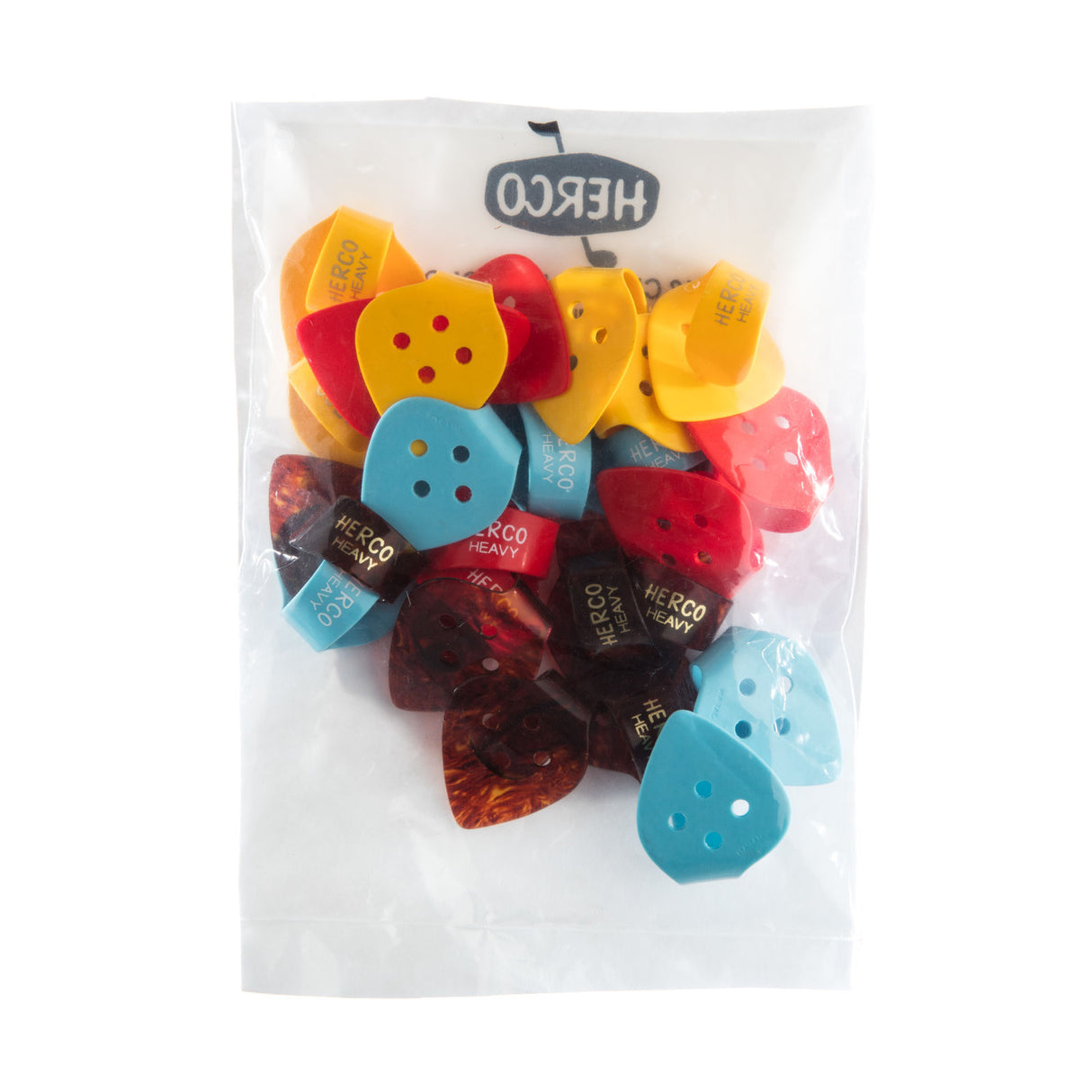 Packaged colorful thumbpicks with Herco branding on a white background