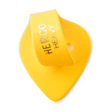Yellow plastic thumpick with Herco branding on a white background
