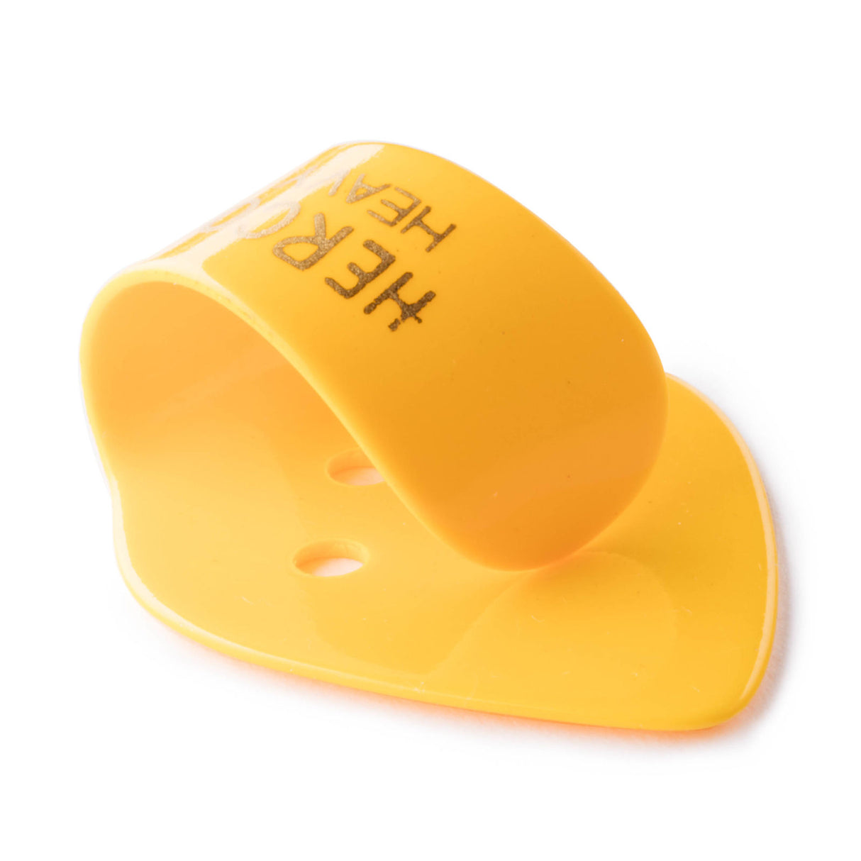 Yellow plastic thumbpick with Herco branding on a white background